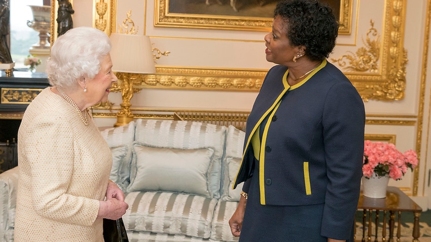 Queen Elizabeth II receives Governor-General of Barbados Dame Sandra Mason during a private audience at Buckingham Palace in 2018.