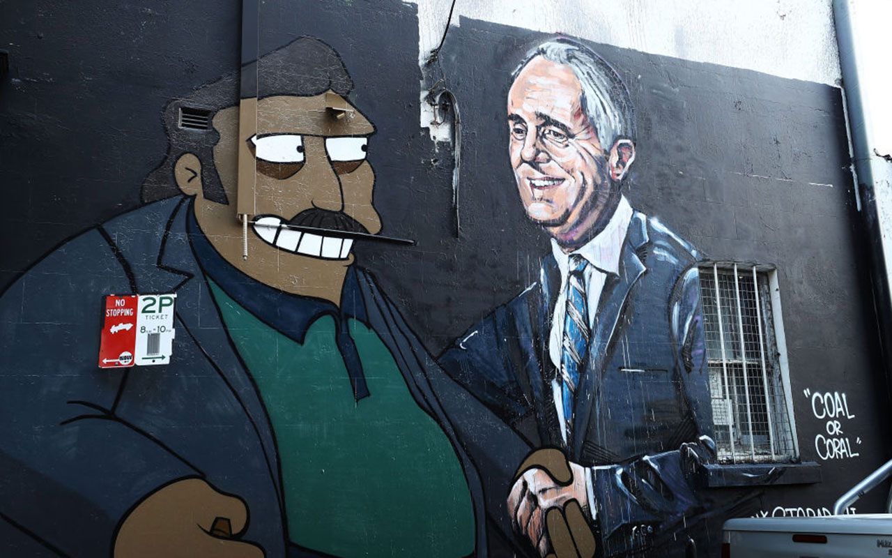2017 mural by Scott March in reaction to Turnbull government deal with Adani Coal Mine in Queensland, which many believe will have negative effects on the reef.