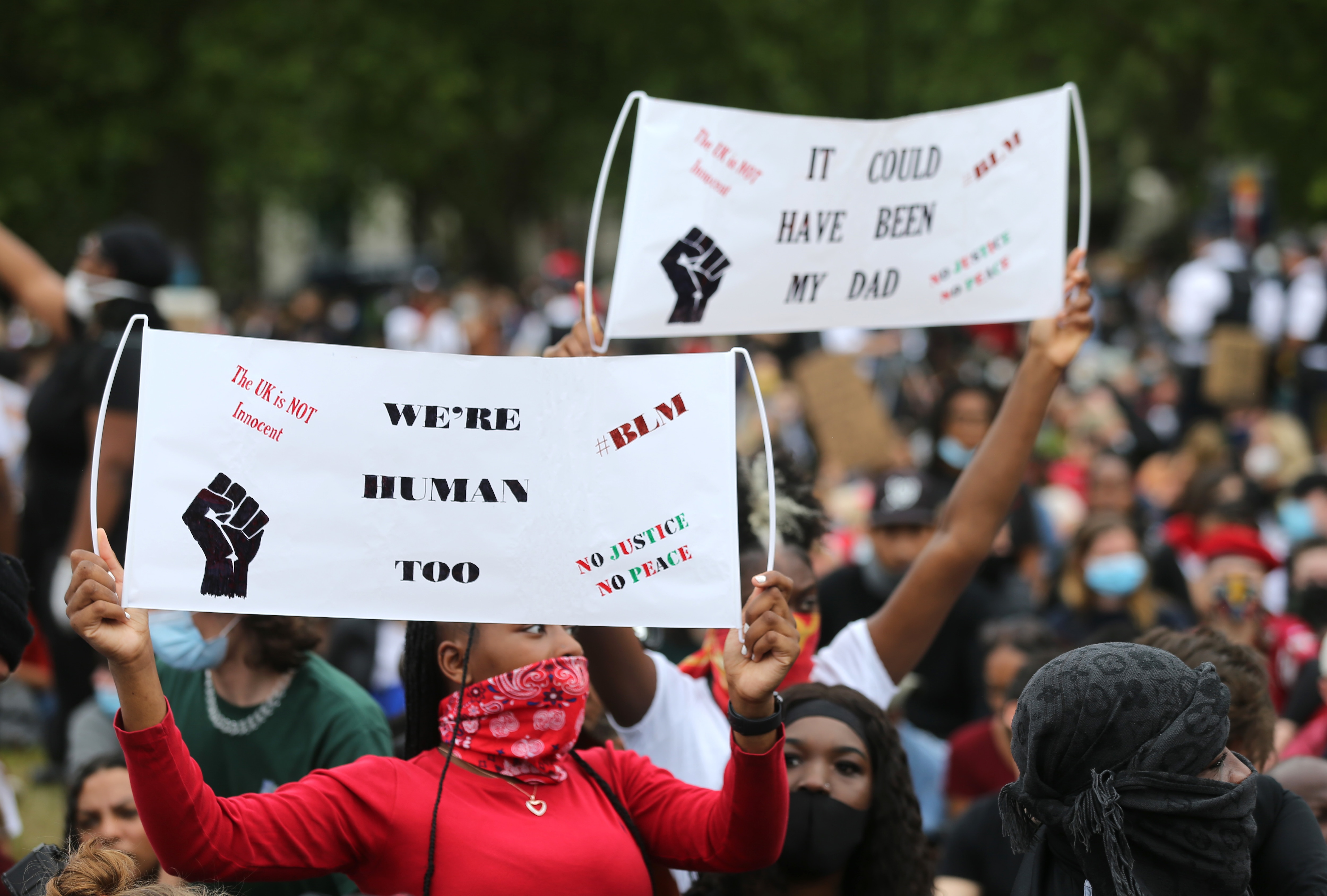 Participants in a Black Lives Matter protest rally in Hyde Park, London. Participants in a Black Lives Matter protest rally in Hyde Park, London.