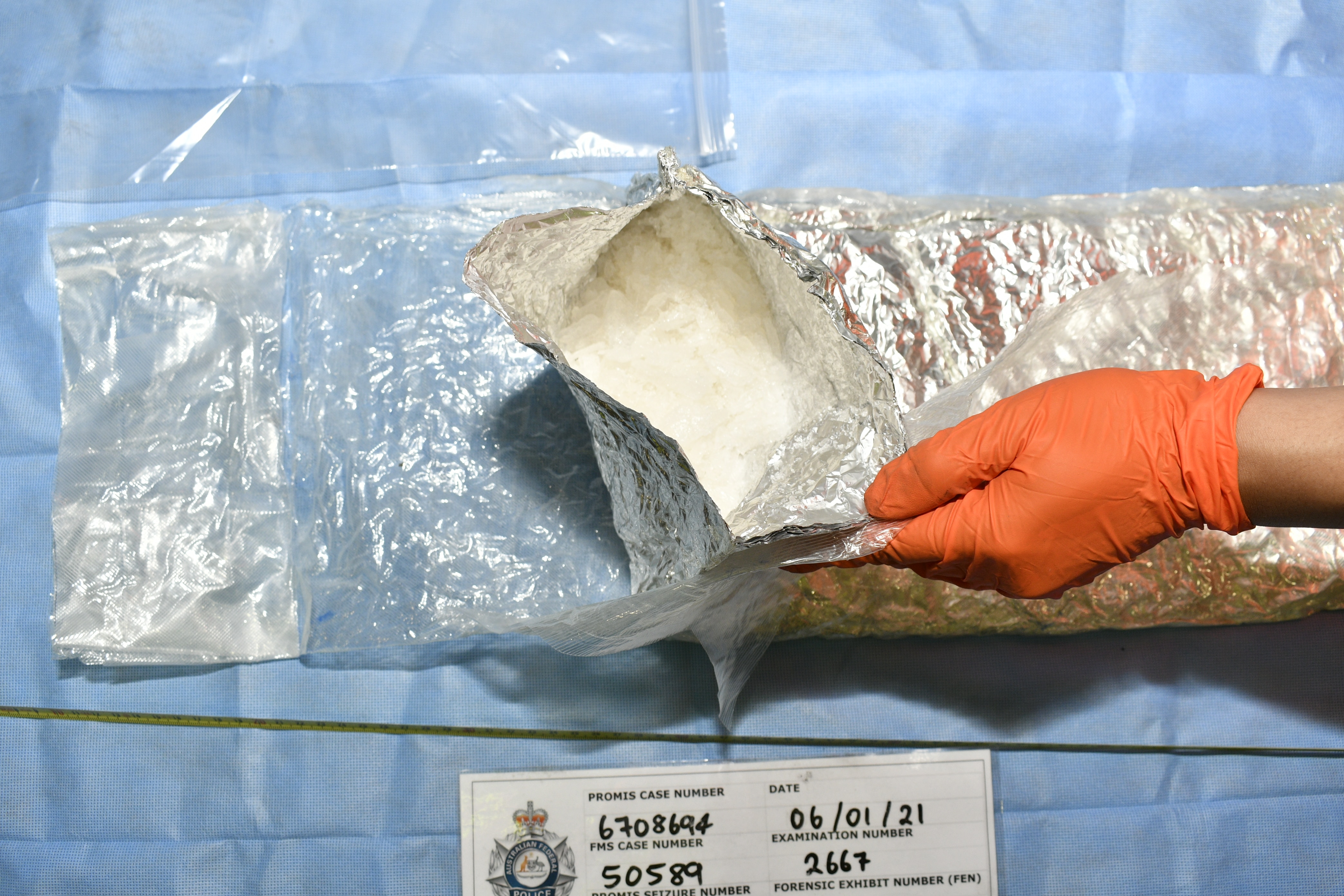 A total of 81 packages wrapped in blue plastic containing 81kg of methamphetamine.