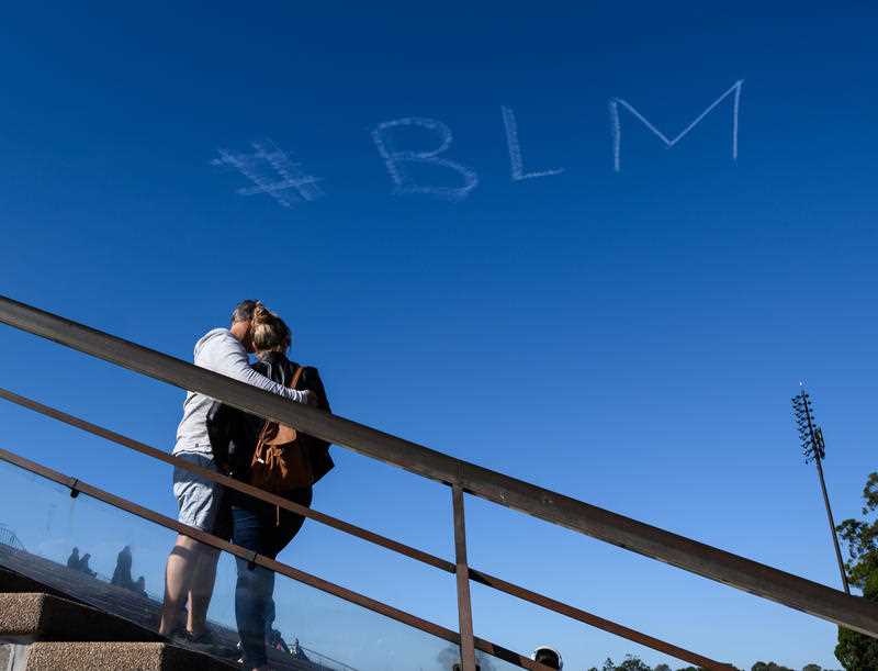 #BLM appeared in skywriting in Sydney on Saturday morning. #BLM was written in skywriting in Sydney on Saturday morning.