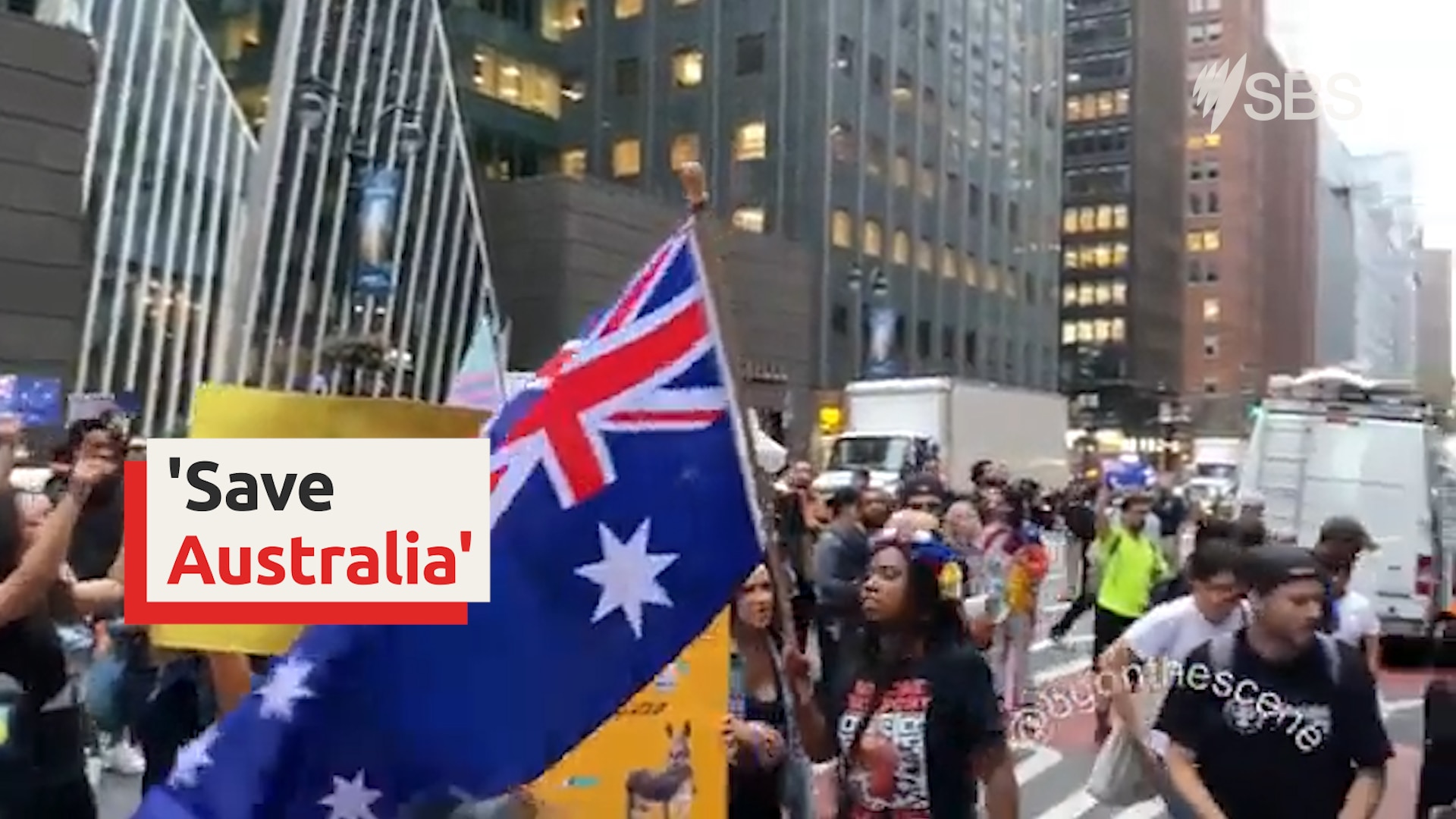 Anti-vaccine protesters in New York chant 'save Australia'