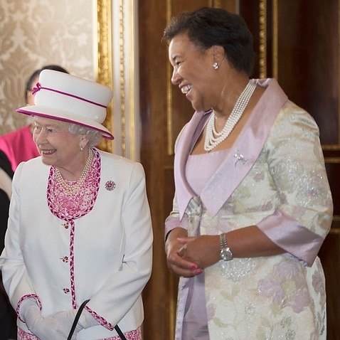 The Queen (left) and the Commonwealth Secretary General Patricia Scotland QC (right).