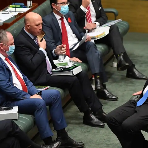 Prime Minister Scott Morrison and some of his ministers during Question Time, 2021. 