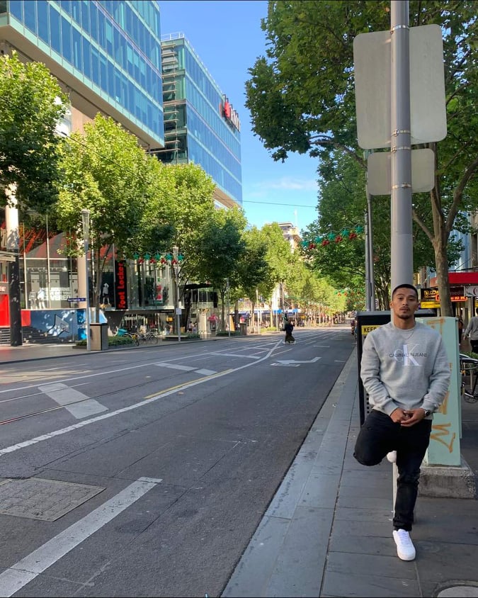 Mayson Javelona strolling Melbourne CBD