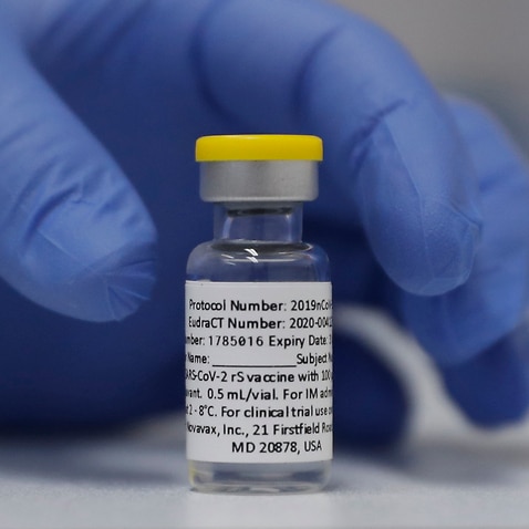 A vial of the Phase 3 Novavax coronavirus vaccine is seen ready for use in the trial at St. George's University hospital in London