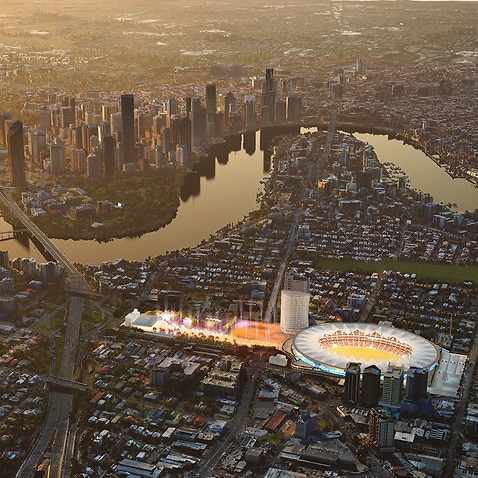 Proposed new Gabba Stadium in Brisbane with pedestrian plaza.