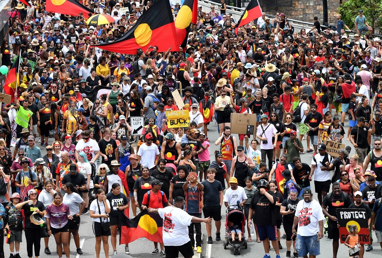 Thousands of people took part in an Invasion Day march in Brisbane. aThousands of people took part in an Invasion Day march in Brisbane.