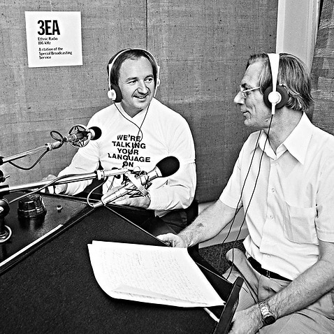Minister for Immigration Ian MacPhee (right) visits 3EA, 1979