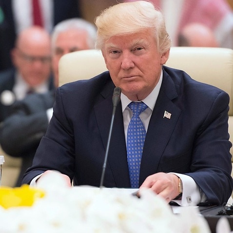 A handout photo made available by the Saudi Press Agency (SPA) shows US President Donald J. Trump attending the opening session of the Gulf Cooperation Council summit 