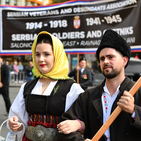 Serbians march during the Anzac Day March on Elizabeth St in Sydney, Sunday, April 25, 2021. (AAP Image/Mick Tsikas) NO ARCHIVING