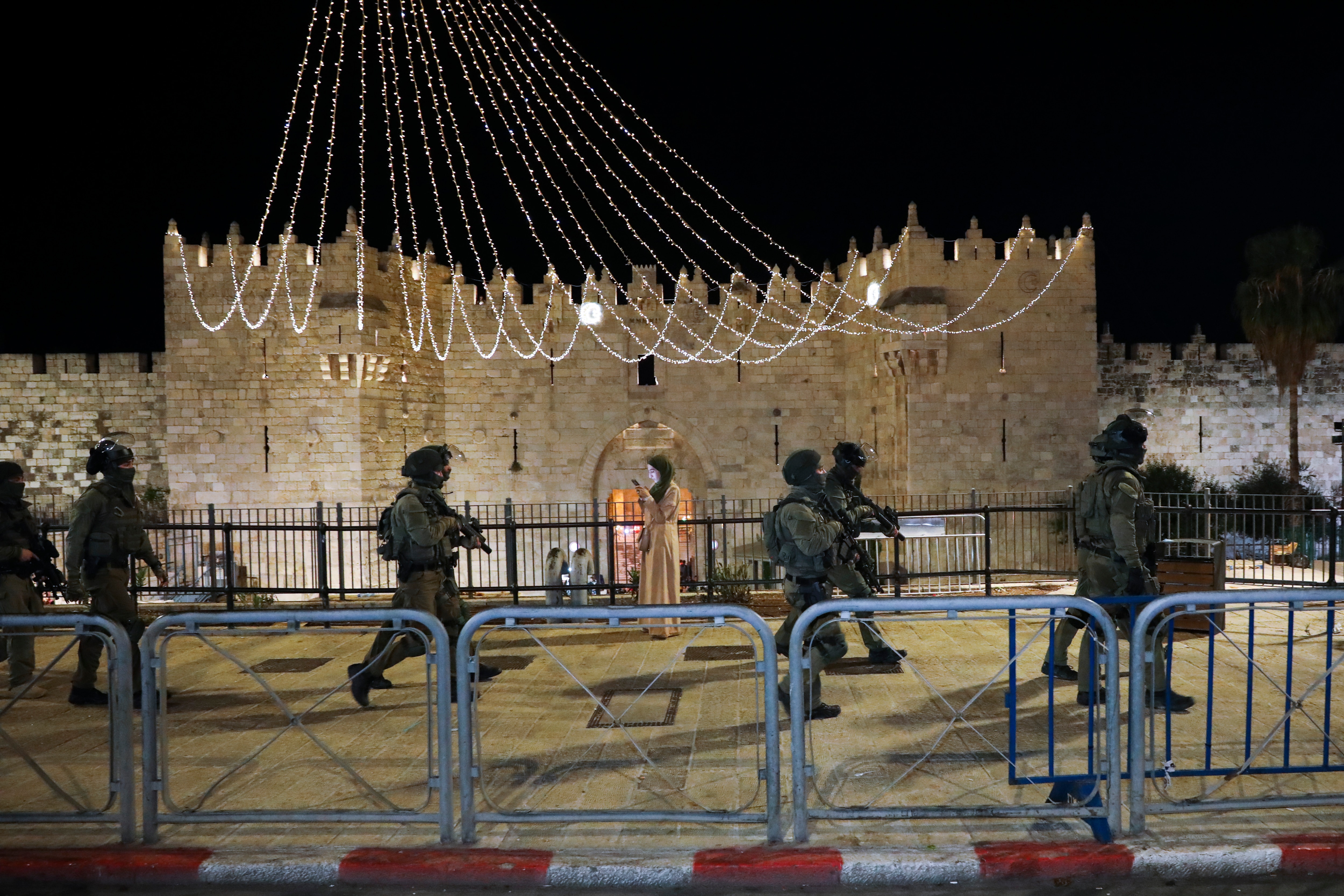 Israeli border police officers deploy during clashes with Palestinian protesters next to Damascus Gate in Jerusalem's old city, Friday, May 7. 2021. 