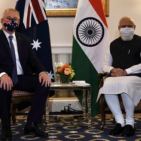 Australian Prime Minister Scott Morrison and Indian Narendra Modi at Quad leaders' summit in the US.