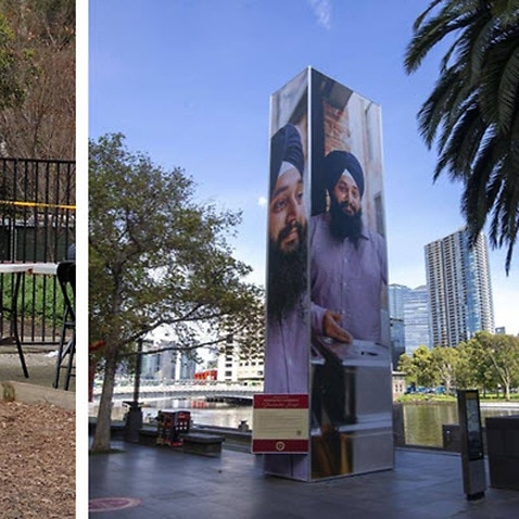 Sikh volunteer Jaswinder Singh’s story was presented on a big mural outside the Crown Casino in Melbourne. 