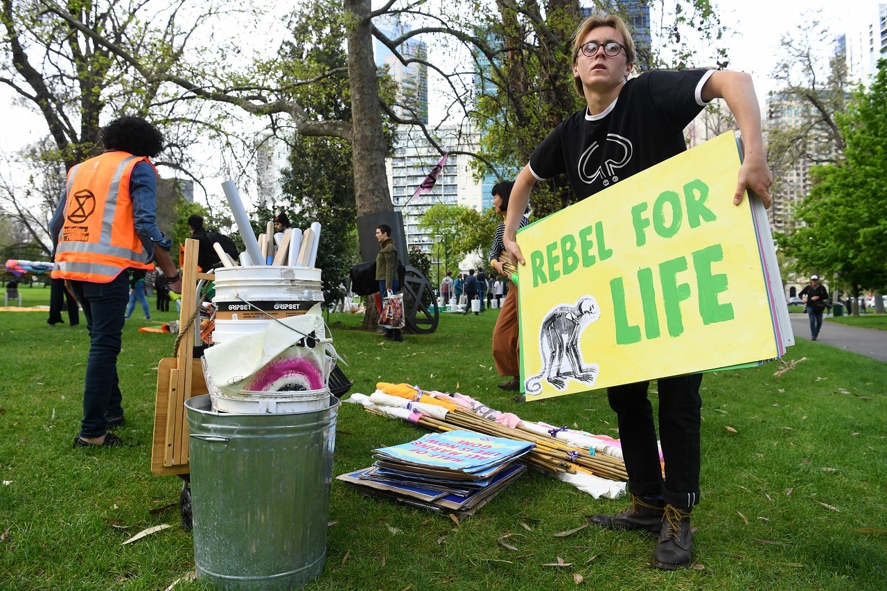 Extinction Rebellion activists set up in Melbourne on Monday.