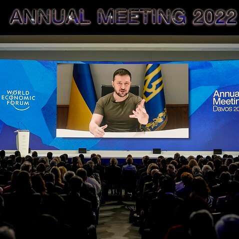 Ukrainian President Volodymyr Zelenskyy addresses the World Economic Forum in Davos, Switzerland