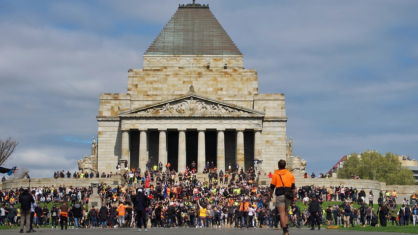 Protesters gather at the Shrine of Remembrance in Melbourne, 22 September, 2021.
