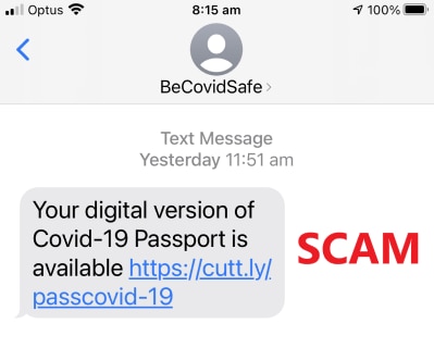 A screenshot of a text message about COVID-19 passport