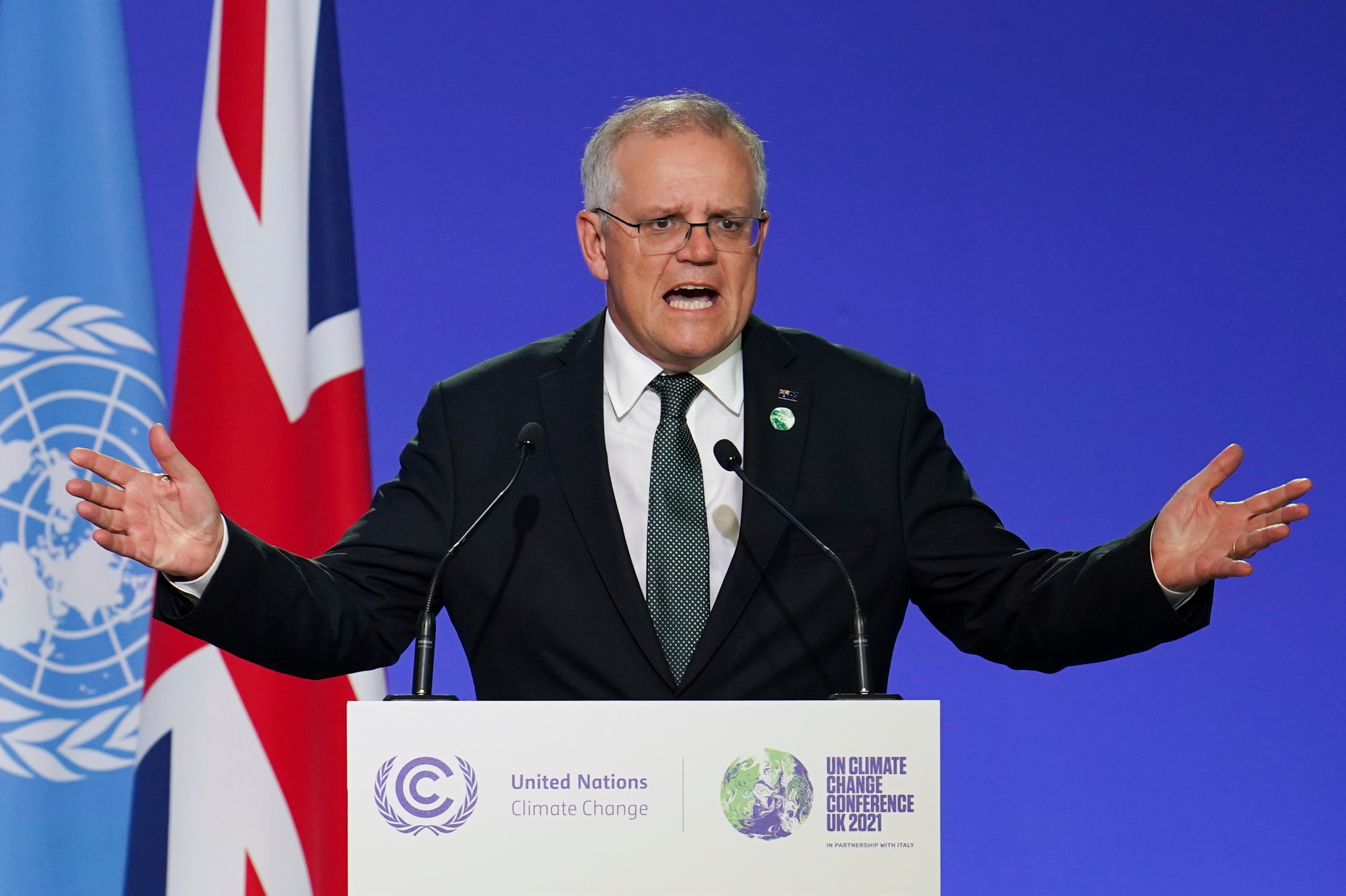 Prime Minister Scott Morrison delivers an address during the COP26 summit at the SECC in Glasgow, Scotland.