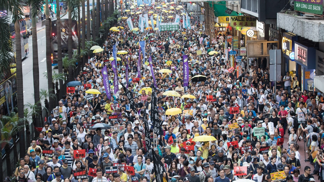 Pro-democracy activists protest against the extradition law in Hong Kong, 28 April 2019. 