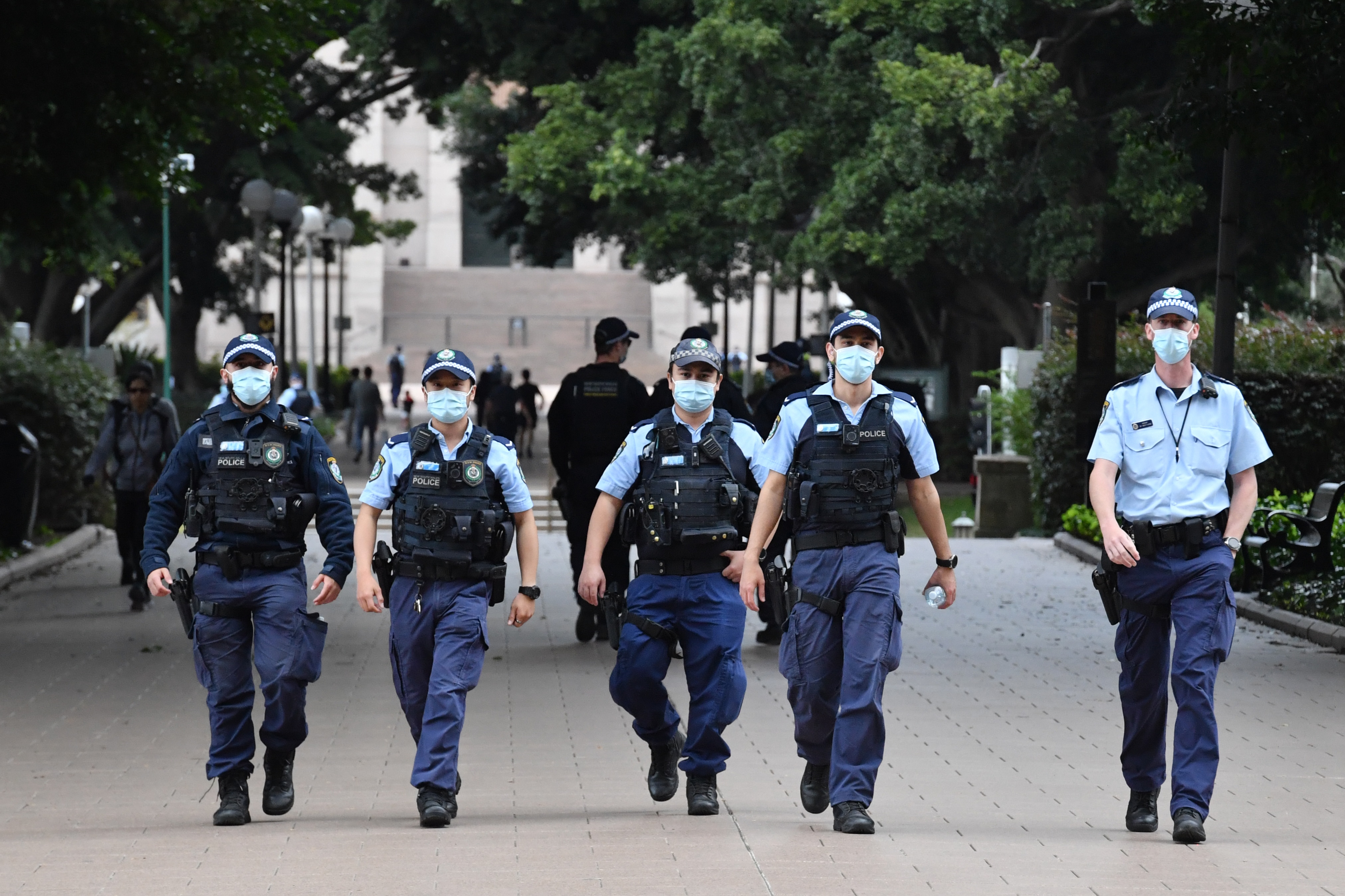 NSW Police patrol Hyde Park in anticipation of the rally.