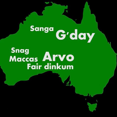 Australian slang words on green map of Australia