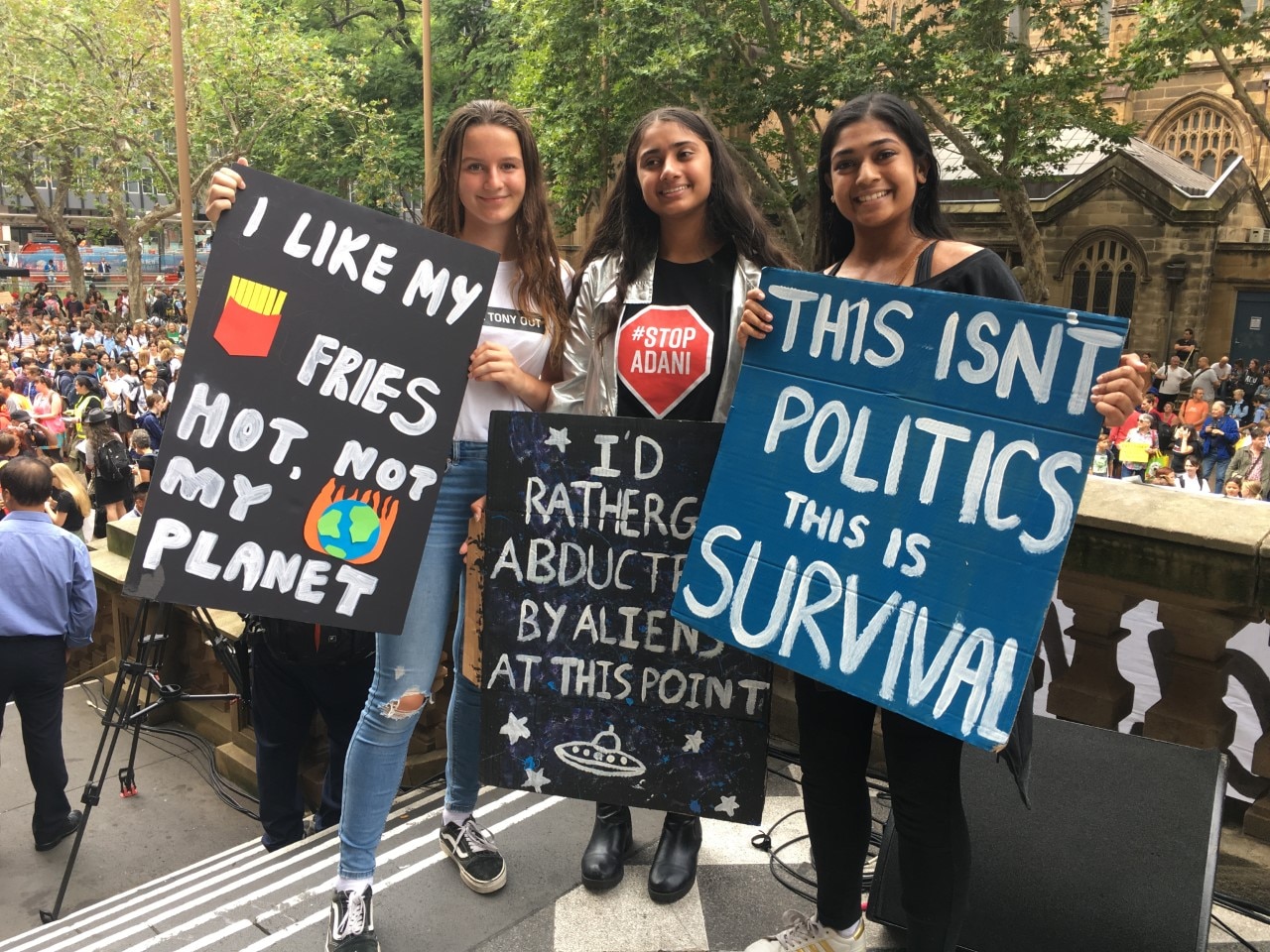 Alexia Giannesini, Manjot Kaur and Tiara De Silva at the Sydney climate strike.