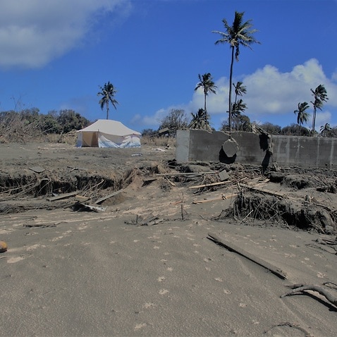 Temporary shelters set up with the aid of Red Cross teams in Kanokupolu, western Tongatapu, Tonga
