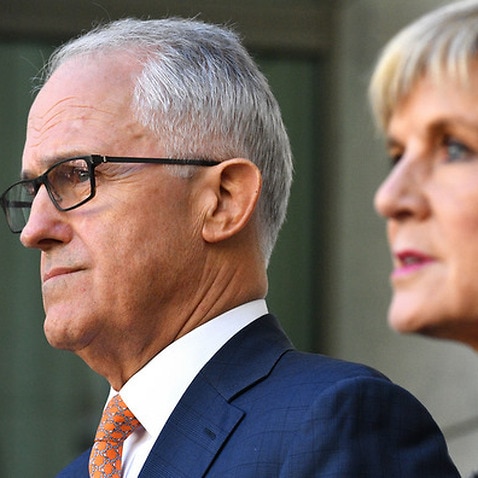 Prime Minister Malcolm Turnbull (left) and Foreign Minister Julie Bishop speak to the media during a press conference at Parliament House in Canberra, Tuesday, March 27, 2018. 