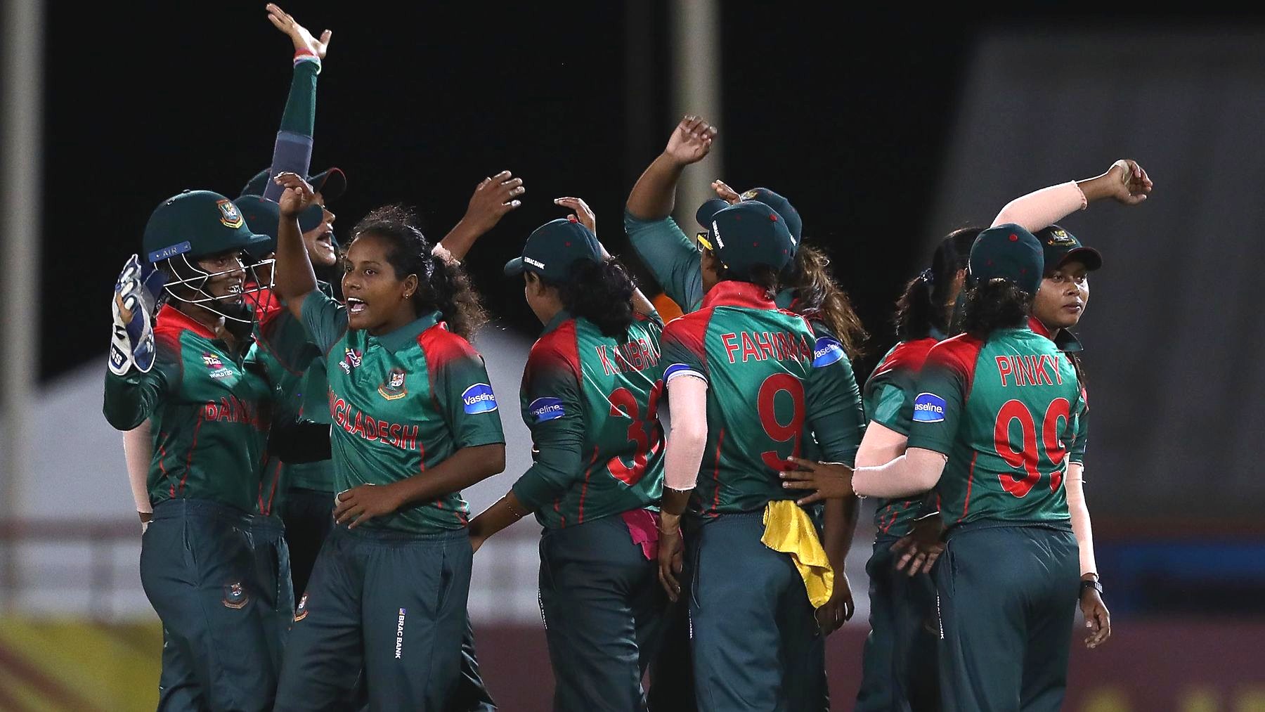 Bangladesh celerate the wicket of Lizelle Lee of South Africa, after she was run out during the ICC Women's World T20 2018 on November 18, 2018.