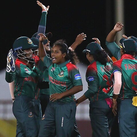 Bangladesh celerate the wicket of Lizelle Lee of South Africa, after she was run out during the ICC Women's World T20 2018 on November 18, 2018.