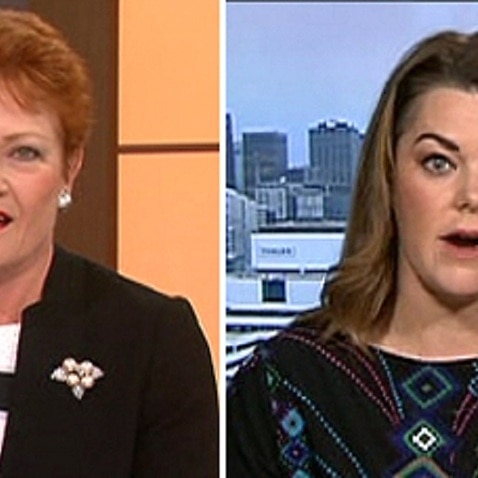 One Nation's Pauline Hanson and Greens Senator Sarah Hanson-Young on Ch7 Sunrise show.