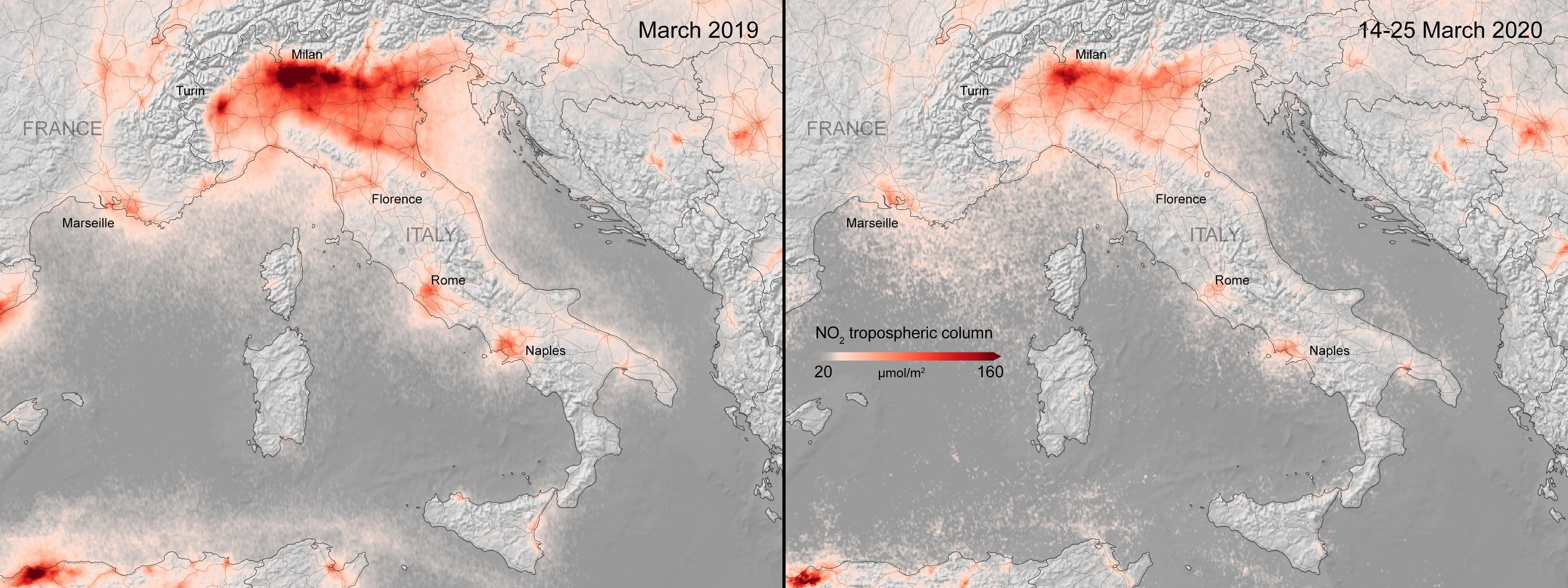 Data from the Copernicus Sentinel-5P satellite of the average nitrogen dioxide concentrations over Italy from March 2020 (R), compared to March 2019.