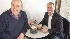 Peter Costello and Josh Frydenberg at a cafe in Hawthorn.
