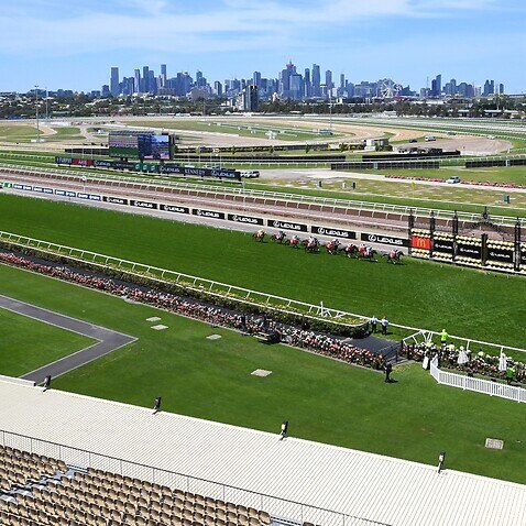 General view of the field in race 4, the The Macca's Run during Melbourne Cup Day at Flemington Racecourse in Melbourne, Tuesday, November 3, 2020.