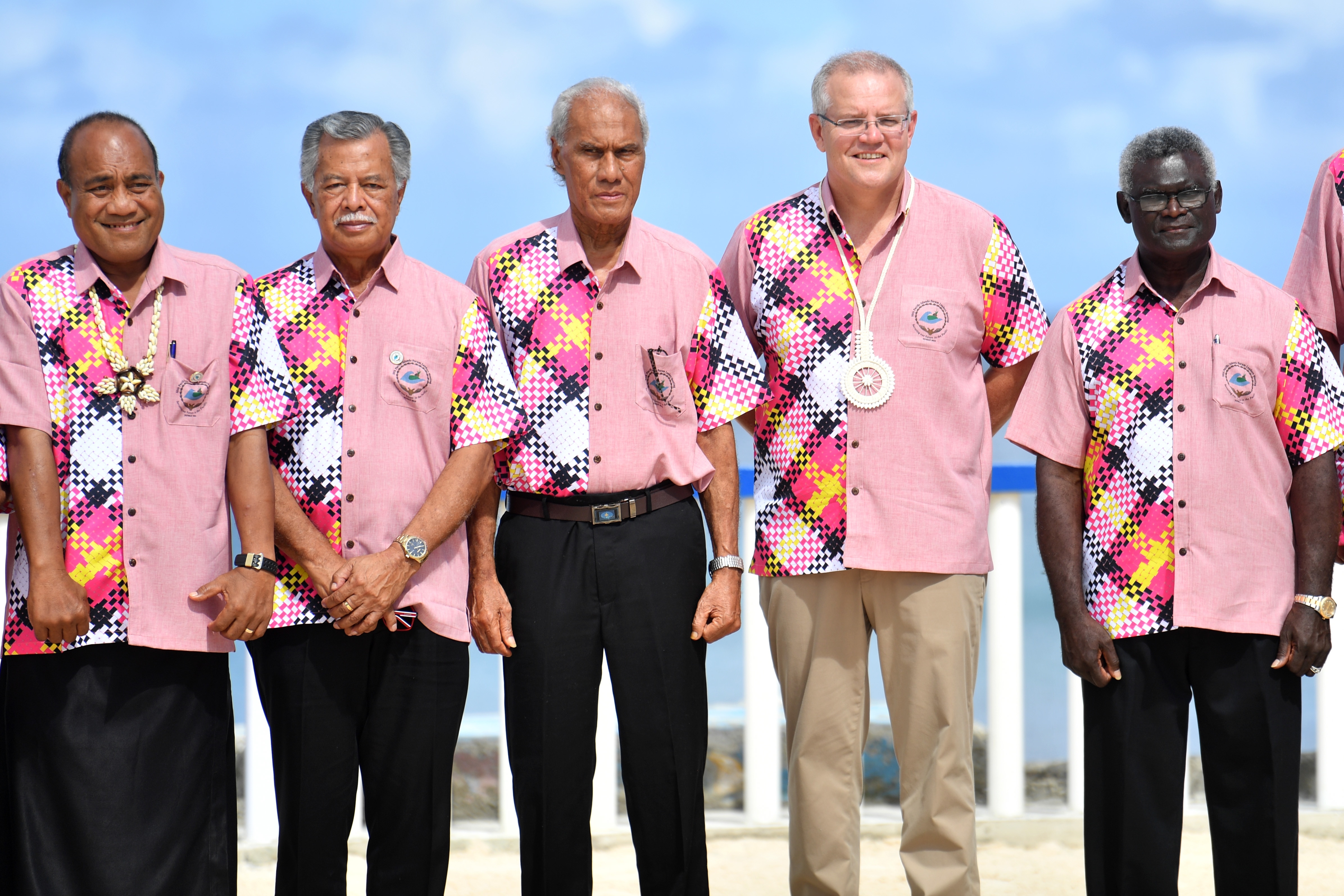 Kiribati's President Taneti Maamau, Cook Islands Prime Minister Henry Puna, Tonga's Prime Minister Akilisi Pohiva, Australia's Prime Minister Scott Morrison and Solomon Islands Prime Minister Manasseh Sogavare pose for the family photo before the Leaders 