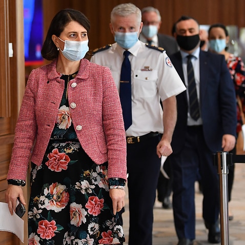 NSW Premier Gladys Berejiklian arrives to speak to the media during a press conference in Sydney, Friday, September 10, 2021. (AAP Image/Joel Carrett) NO ARCHIVING
