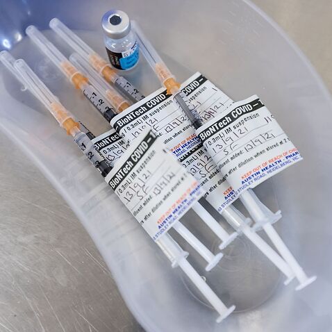A tray containing COVID vaccines is seen in the pharmacy of the Heidelberg Repatriation Hospital vaccination hub in Melbourne, Monday, September 13, 2021.