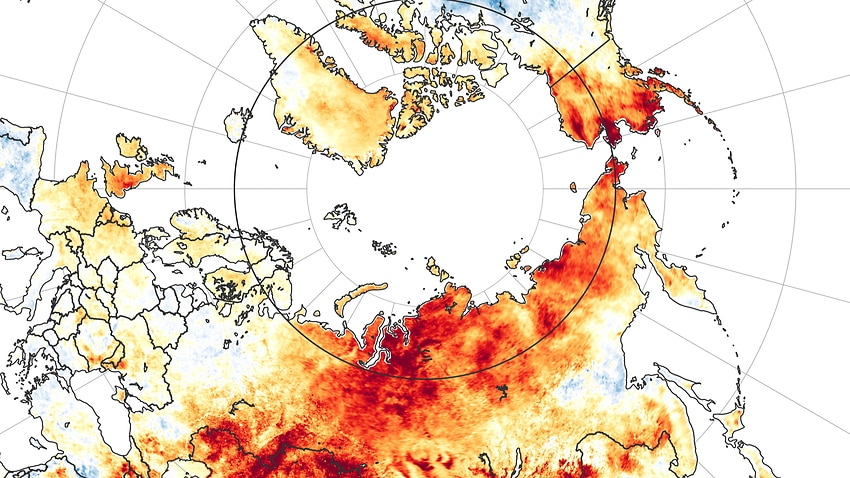 A map showing land surface temperature anomalies at the Arctic Circle from 19 March to 20 June 2020.