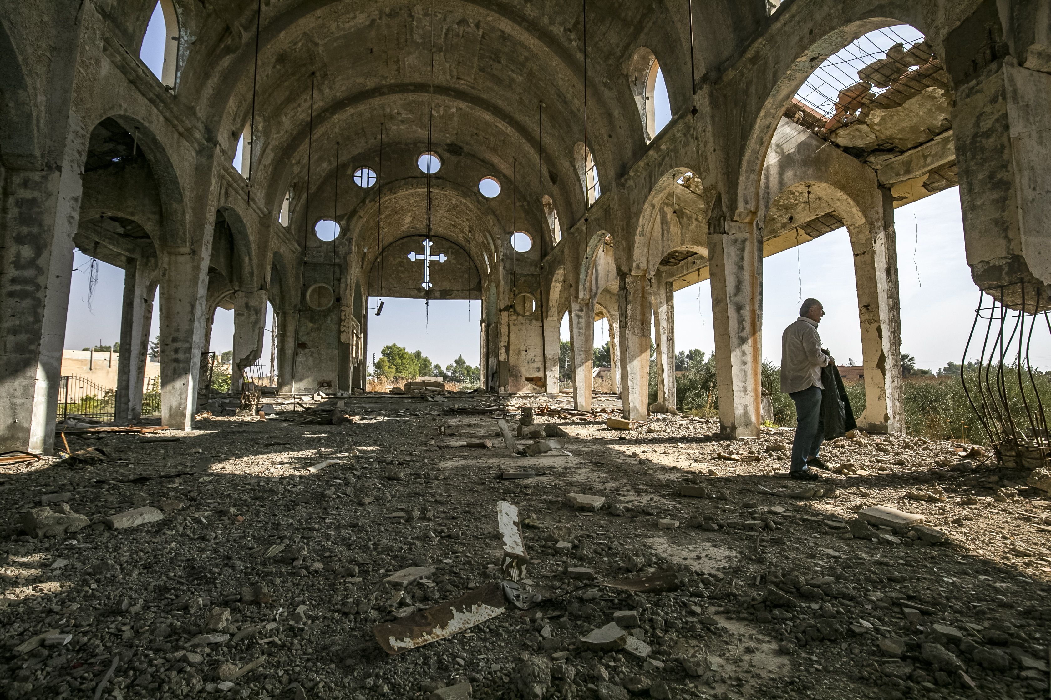 Ruins of the Assyrian Church of the Virgin Mary, which was destroyed by Islamic State (IS) fighters, in the village of Tal Nasri, Syria.