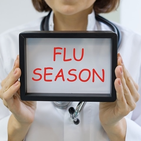 Flu season text in the hands of a female doctor
