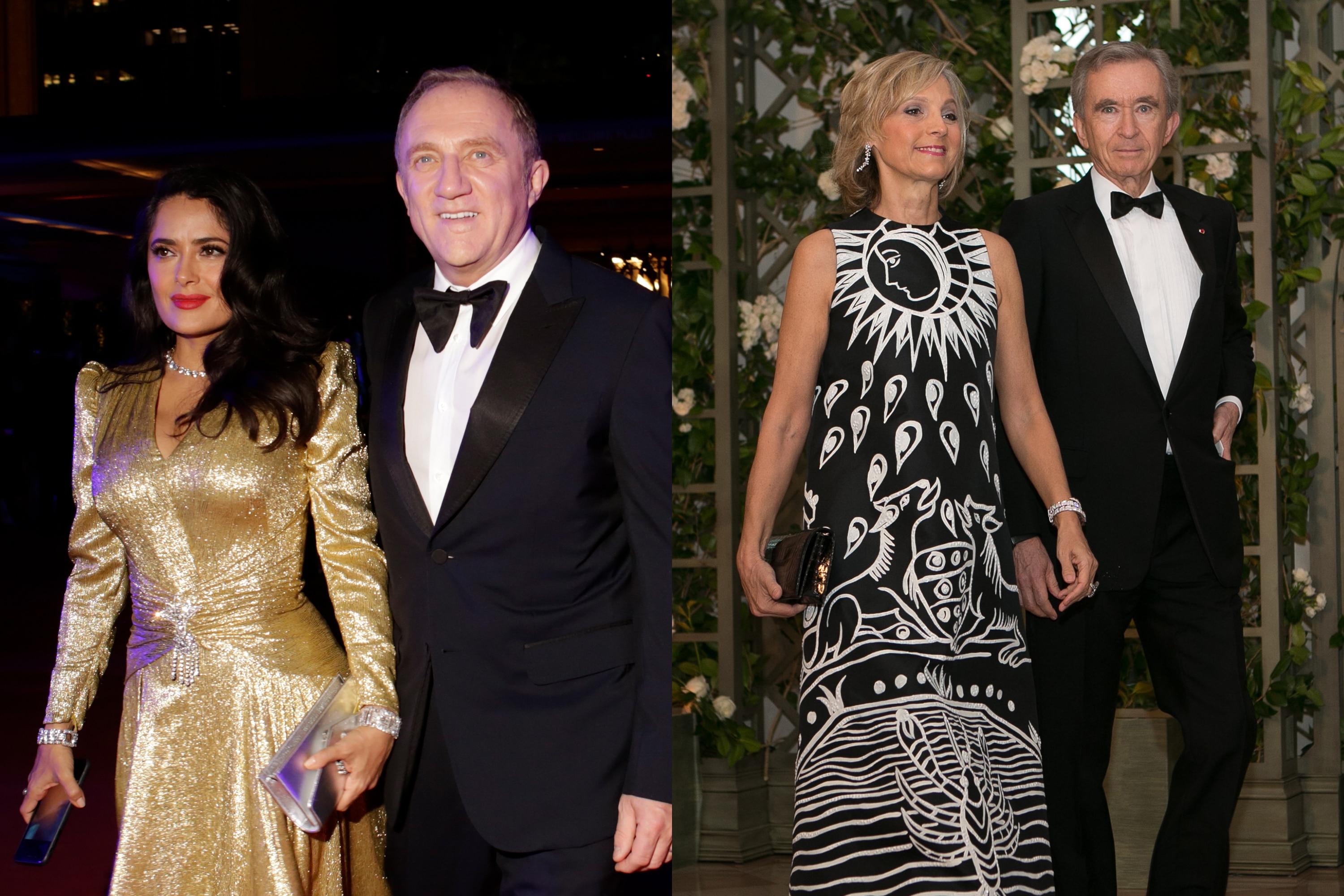 Left: François-Henri Pinault, France’s second-richest man, with his wife, Salma Hayek. Right: Bernard Arnault, France's wealthiest man, and his wife, Helene. Left: François-Henri Pinault, France’s second-richest man, with his wife, Salma Hayek. Right: Bernard Arnault, France's wealthiest man, and his wife, Helene.
