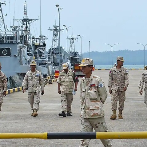 Cambodian navy personnel on a jetty at the Ream naval base in Preah Sihanouk on 26 July, 2019. 