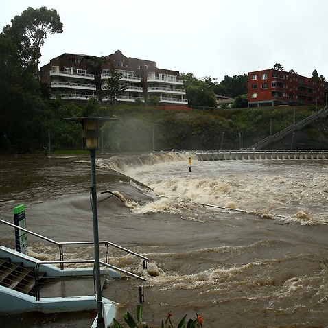 Parramatta ferry wharf overflows and floods due to continuous and heavy rain on Saturday, 20 March.