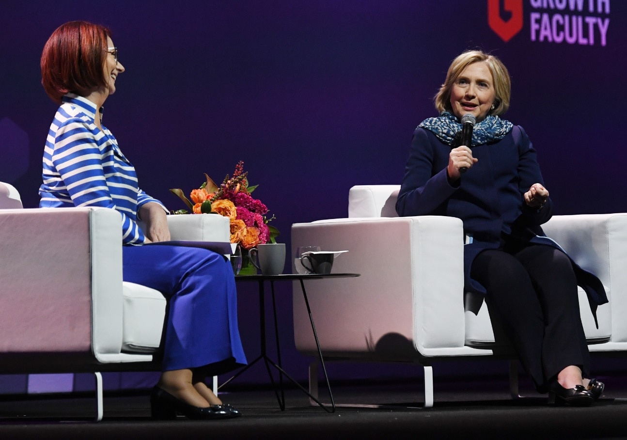 Former US secretary of state Hillary Clinton (right) sits next to former Australian PM Julia Gillard during a Women World Changers Series event in Sydney.