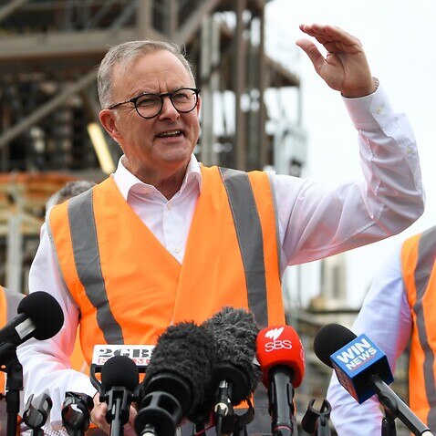 Australian Opposition Leader Anthony Albanese speaks during a press conference after touring the Northern Oil Refinery
