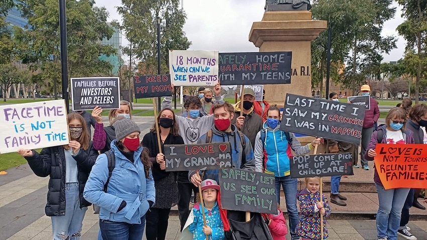 Families protested in Adelaide, joining those in Perth and Canberra - areas of Australia currently not under lockdown.