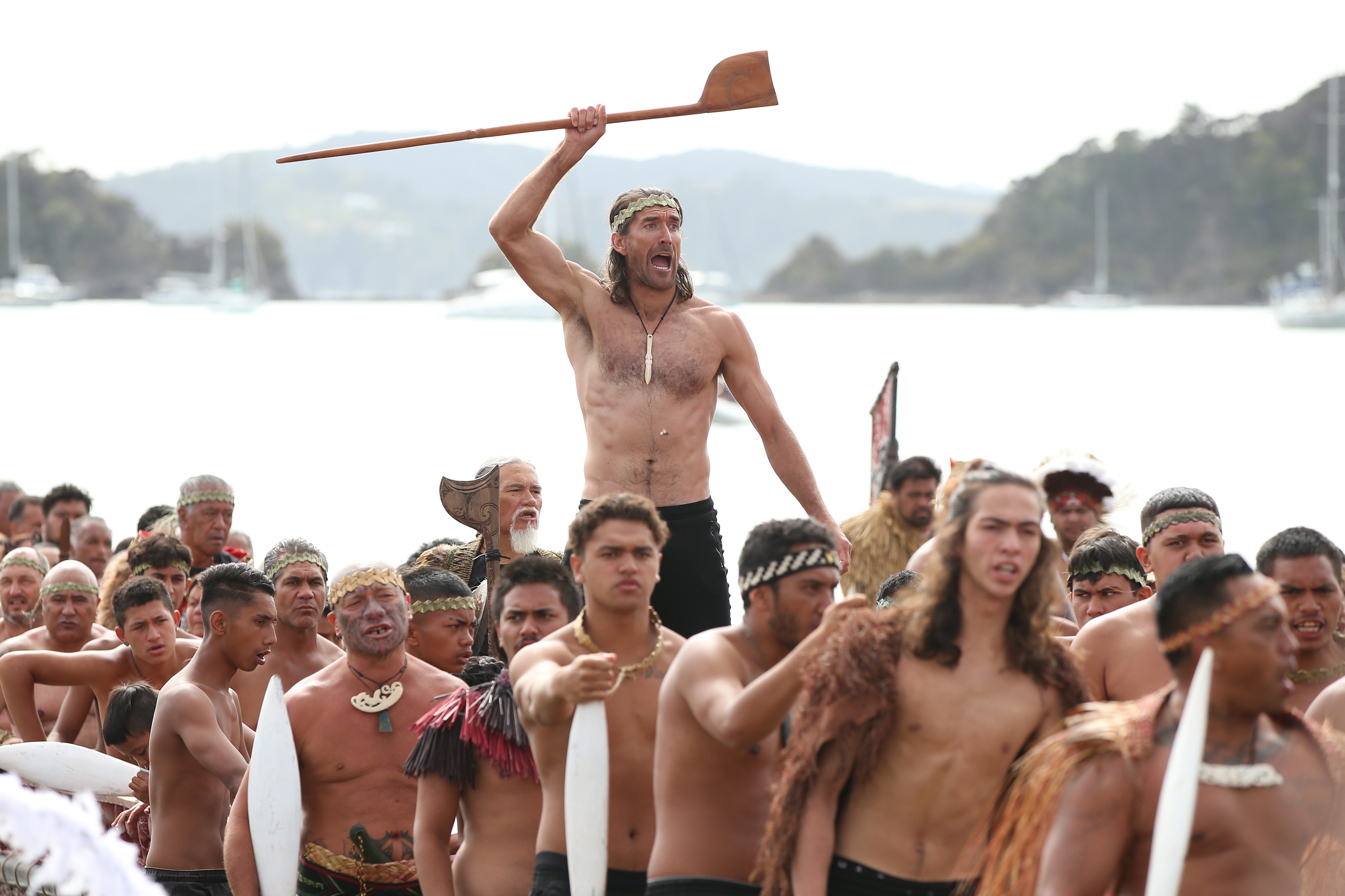 The waka arrive outside Te Tiriti o Waitangi marae on Waitangi Day - 6 February 2020 - in Waitangi, New Zealand. 