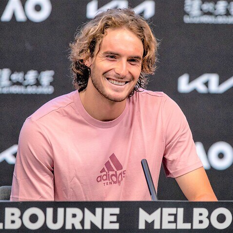 Stefanos Tsitsipas of Greece reacts during a press conference ahead of the Australian Open tennis championships in Melbourne, Australia, Sat, Jan. 15, 2022. 