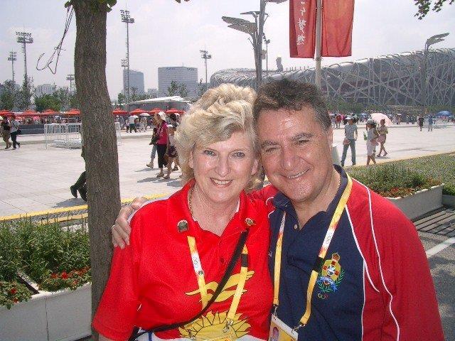 Rosemary and Wilfred Mula at the Beijing Olympics where she accompanied delegations from Tonga and Kiribati.